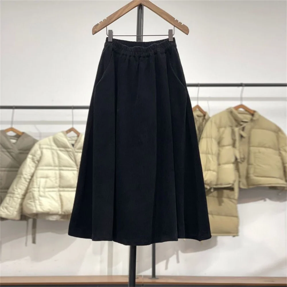 Vintage Cord-Midirock für Damen, mit elastischem Bund, A-Linie, brauner Rock mit Taschen, Herbst/Winter, lässiger Vintage-Langrock für Frauen – Detail 10