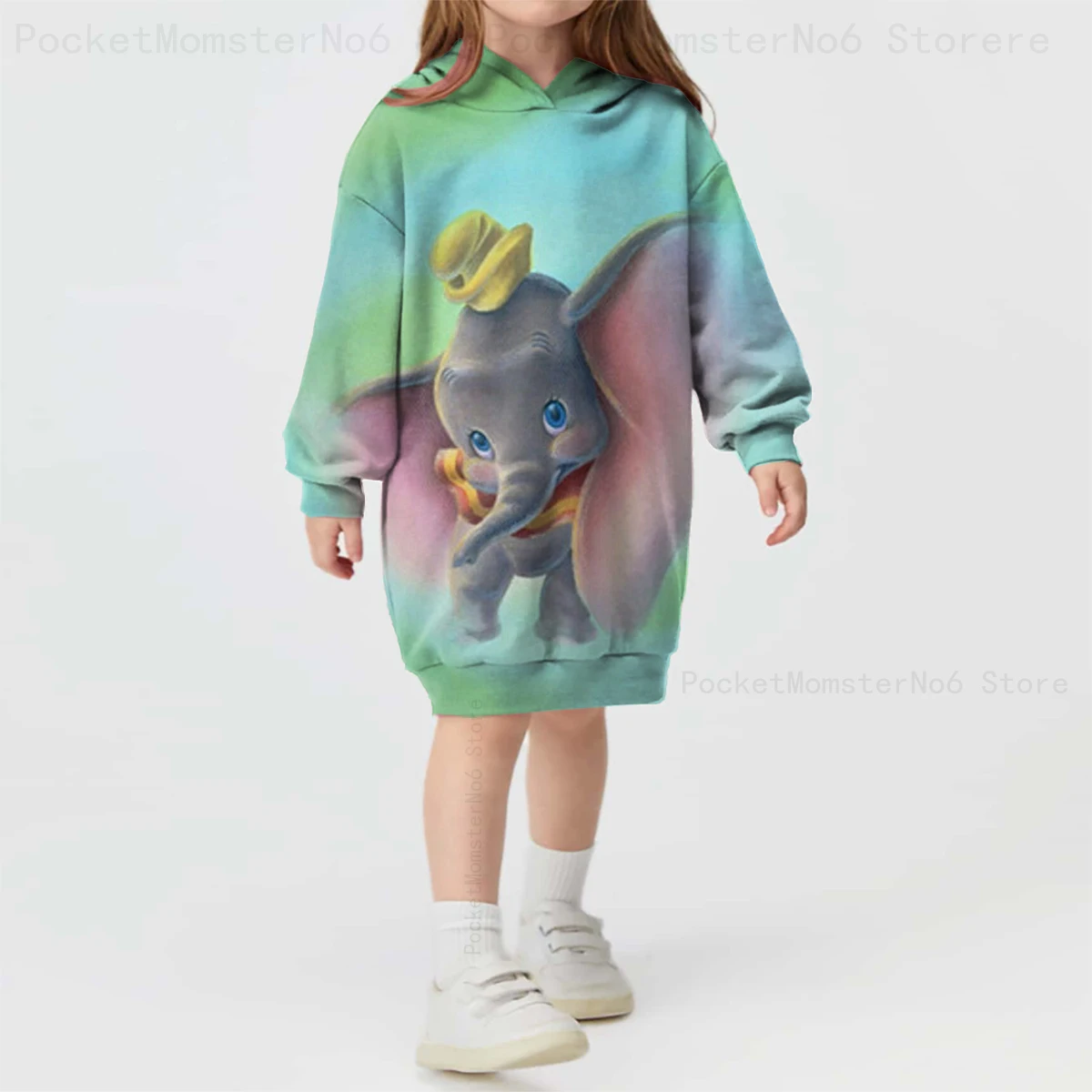 3D Printing Spring and Autumn Disney Dumbo Anime Long-sleeved Hoodie Dress Sweater Dress Children's Wear Dress Casual Girls Dres