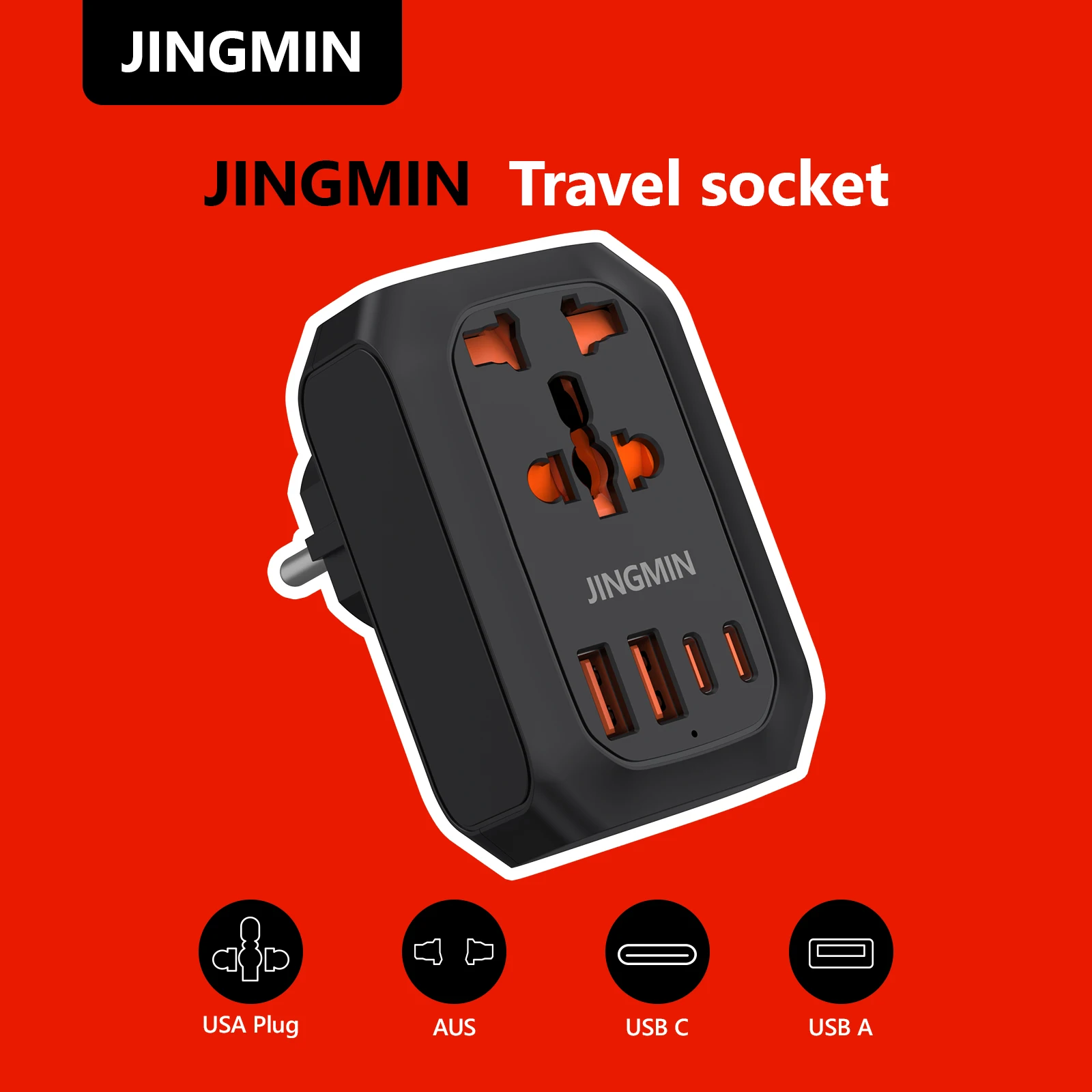 

JINGMIN International Travel Adapter with 2USB 2 Type C GaN Fast Charging Adapter with EU AU US UK Plug for Travel