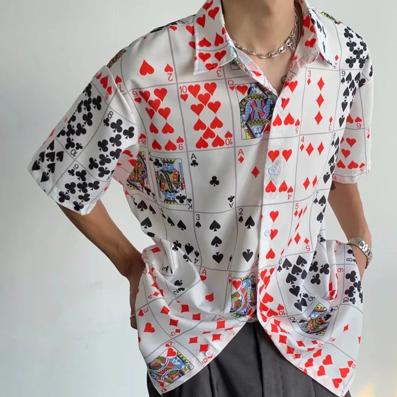 Men Poker Card Full Printed Shirts Male Summer Street Fashion Shirt Vacation Hawaiian Blouse Top Harajuku Teen Boys Clothes