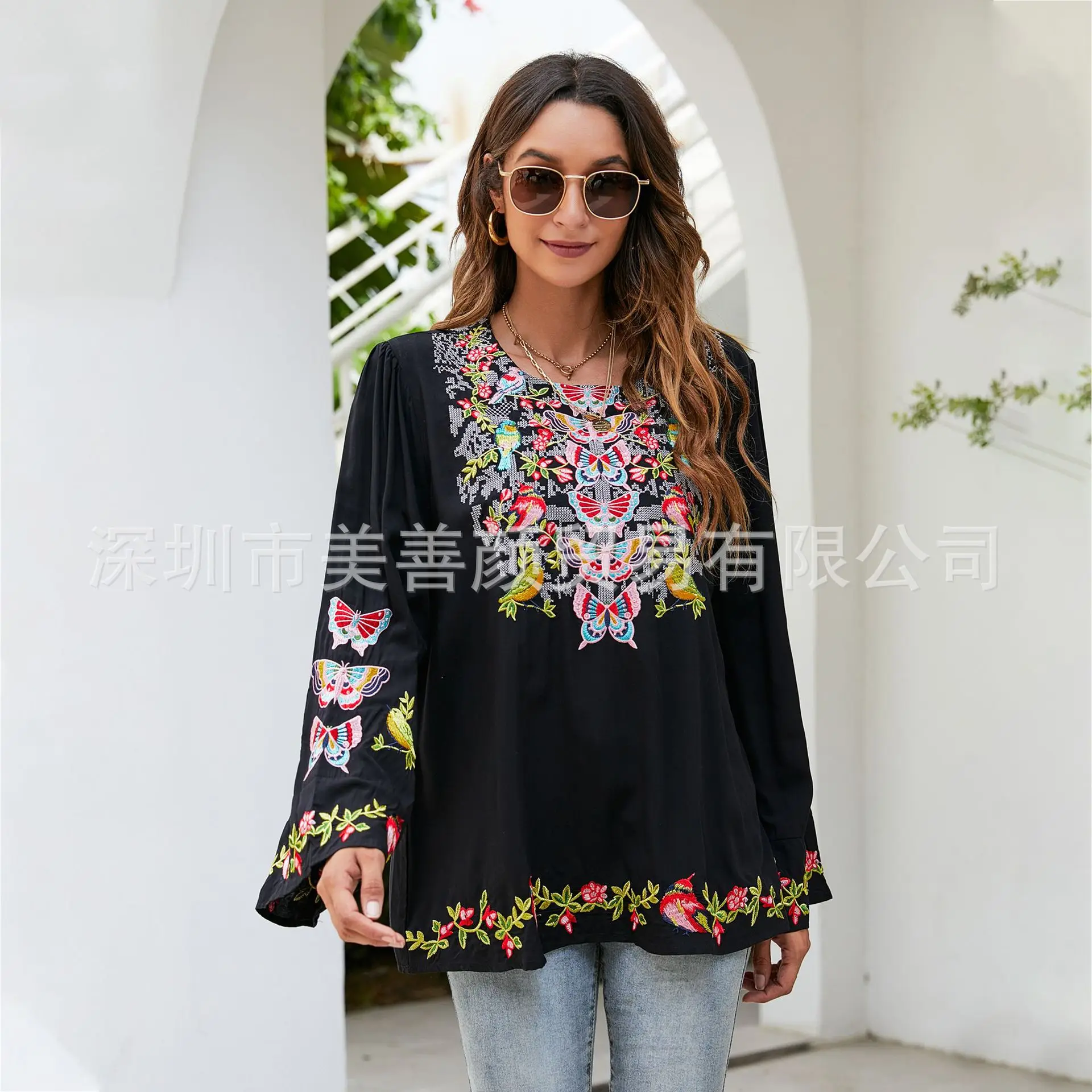 Women\'s Embroidery Blouse Ethnic Style Stitching Long Sleeve Loose Bohemian Chic Plus Size Causal Floral Shirt for Ladies Tunic