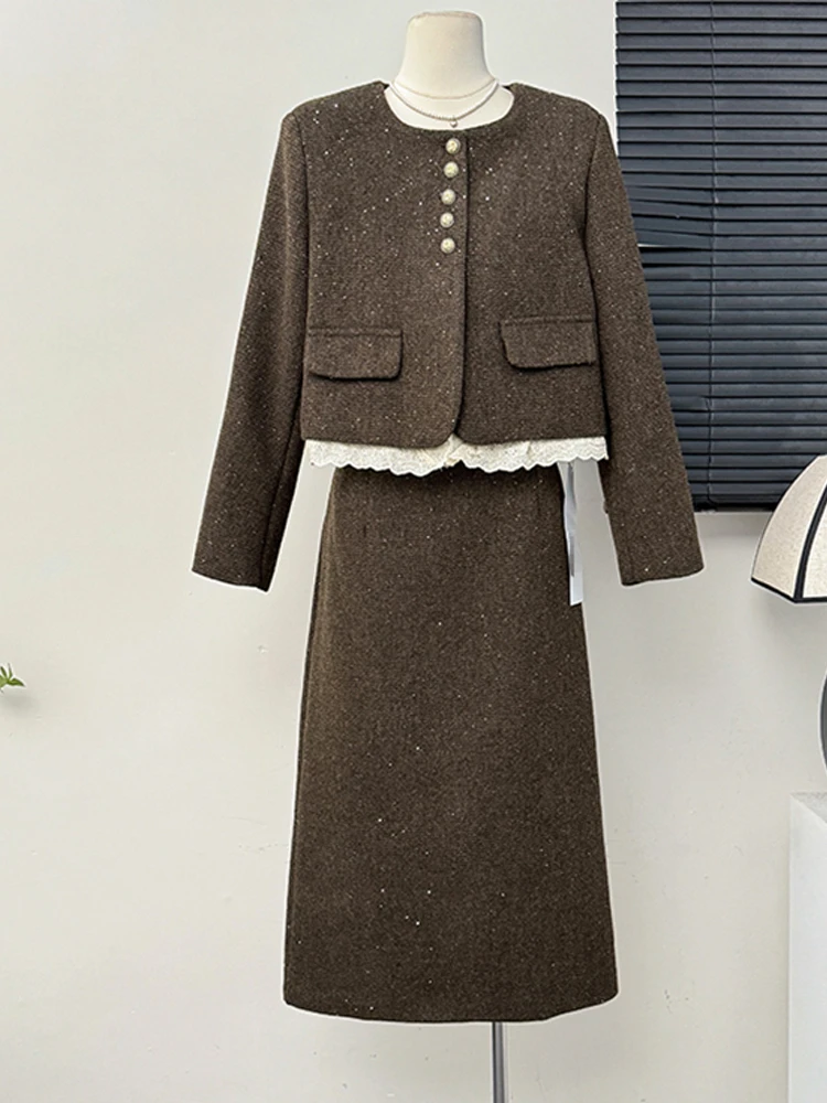 

Элегантный твидовый костюм 2024, осень/зима, новая модная шерстяная юбка Thousand Gold, комплект из 2 предметов, профессиональная одежда