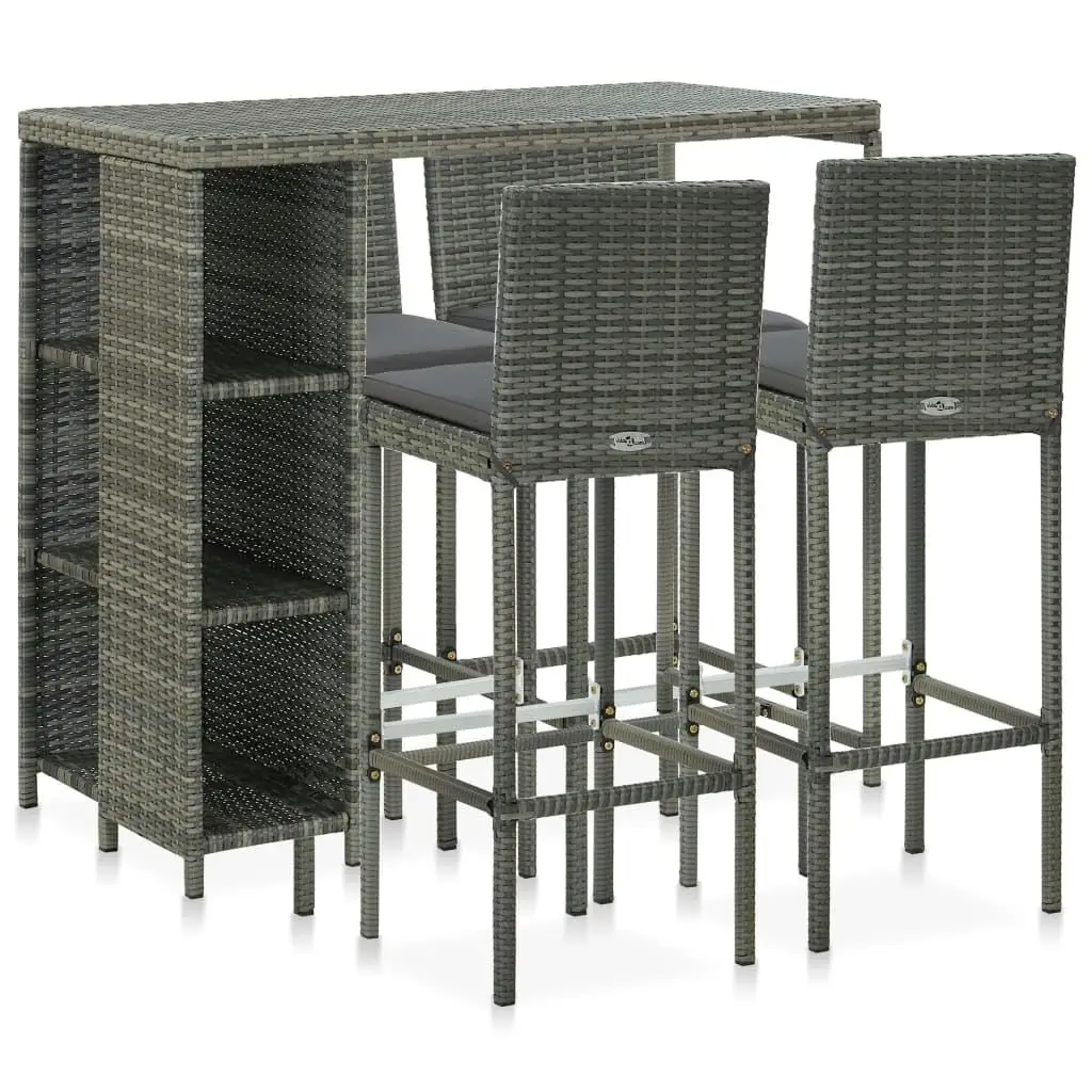 

Garden Bar Set Grey Poly Rattan 5 Piece Outdoor Furniture with Removable Cushion Covers