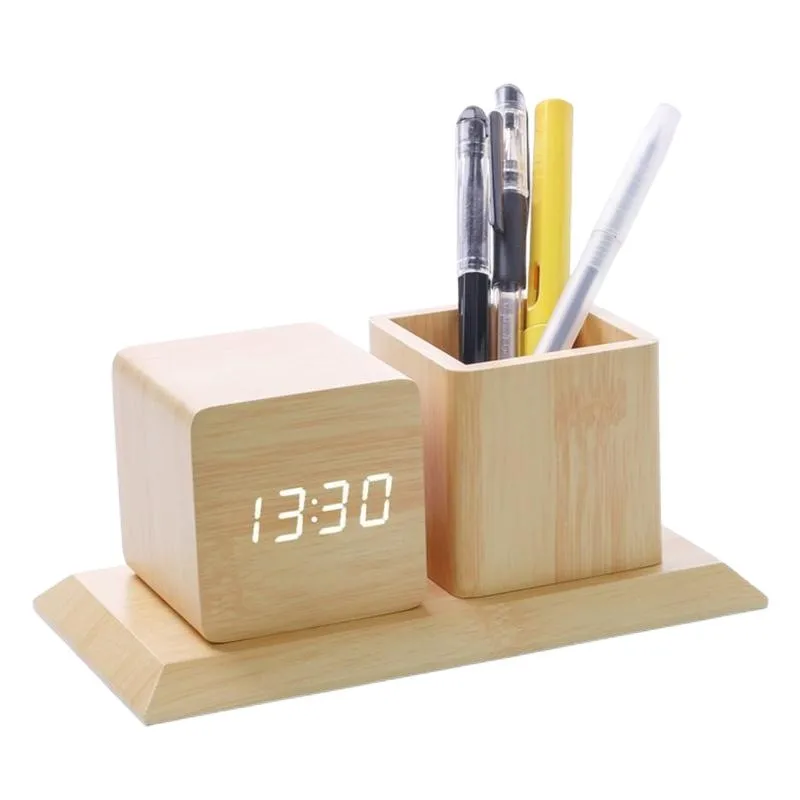 

Creative Wooden Light Emitting Diode Voice-activated Electronic Desktop Clock Pen Holder, Multifunctional