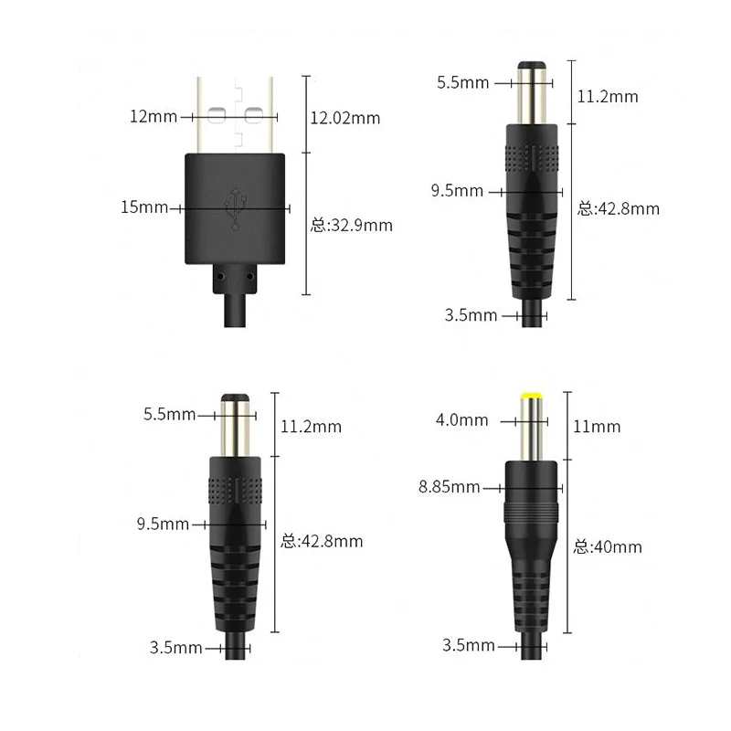 1M USB to DC Port Charging Cable Cord DC Plug Jack 5.5x2.1 5.5x2.5 3.5x1.35 4.0x1.7 2.5x0.7mm Power supply Extension Wire