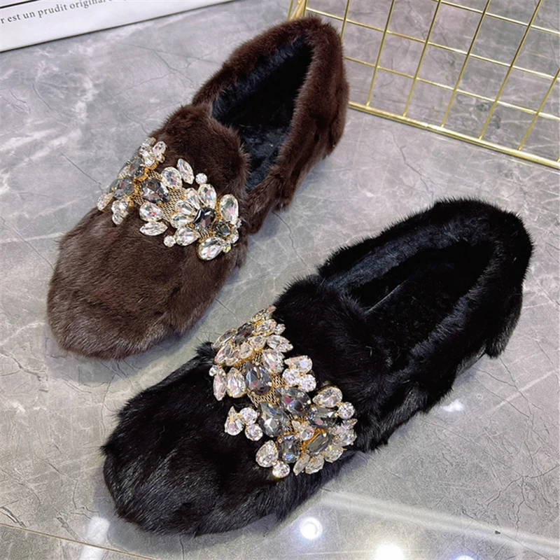 Black Mink Fur Women Loafers Casual Thick Sole Moccasins Crystal Winter Warm Snow Shoes Furry Fur Espadrilles Flats Creepers