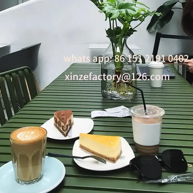 

Customizable Green Metal Outdoor Dining Table and Chair Square Metal Dining Table Stackable Steel Chairs for Pa