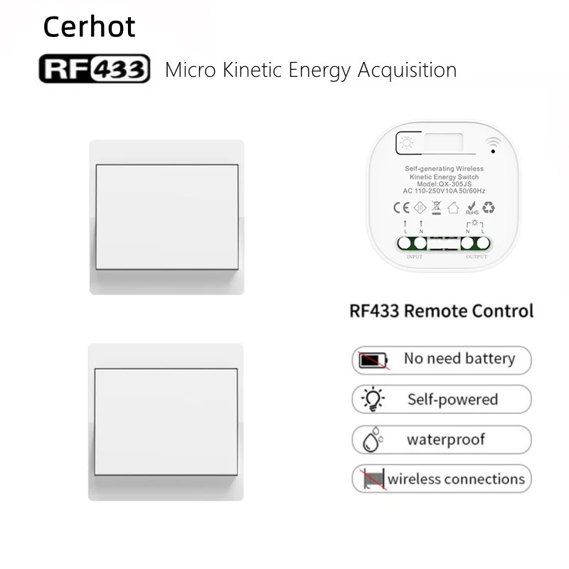 Bezprzewodowy przełącznik z własnym zasilaniem Pilot do użytku domowego Przełącznik przyciskowy Wł. Wyłącznik ścienny Włącznik światła Bez baterii