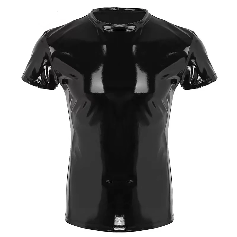 T-Shirt Men Top Black/Red Clubwear Costume Faux Leather Mens PVC Round Neck Short Sleeve Solid Color Brand New