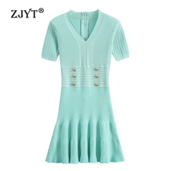 ZJYT Women's Summer Knitting Dresses Elegant Short Sleeve V Neck Buttons Slim Fit Dress Sweater Vestidos Femininos Knitwears