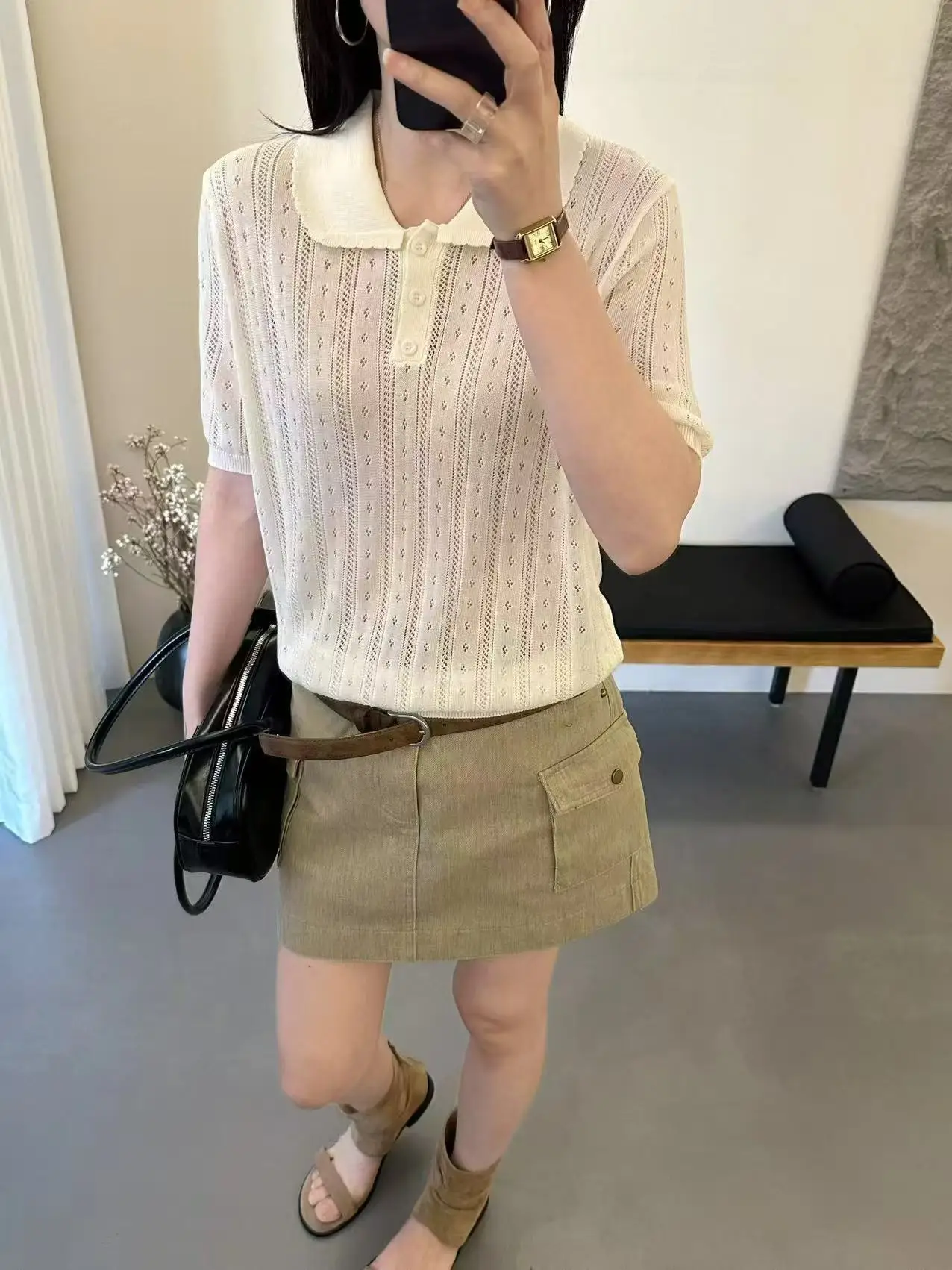 Women's Summer Knitted Short-Sleeved Pullover Vest Doll Collar Lace-Up Solid Color Fashionable Thin Top