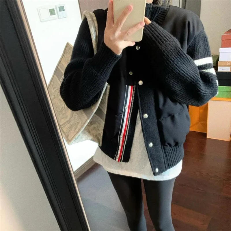 Little Women's Wear Knitted Stitching Coat Down Cotton-padded Short Female 2025 Winter Casual Jacket Loose Collar Thick Overwear - Image 2