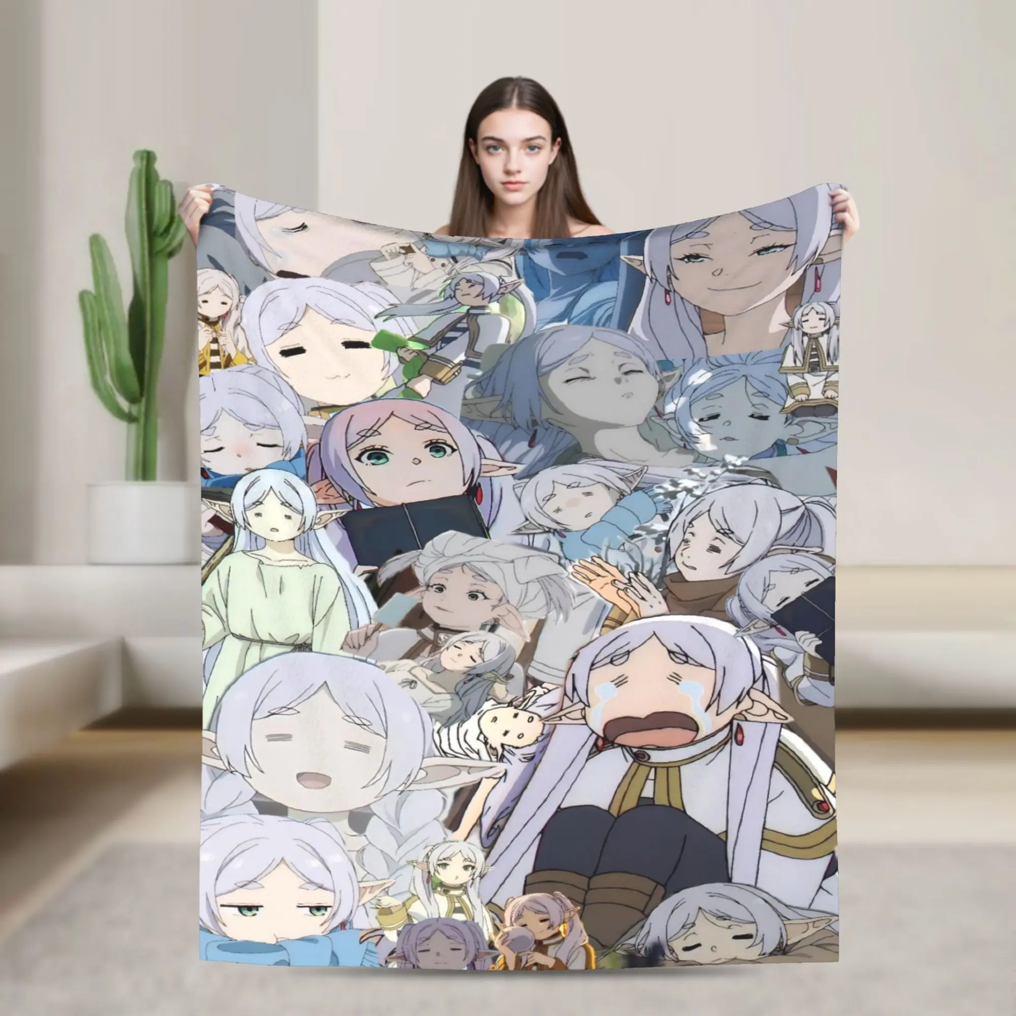 Frieren Anime Knitted Blankets Flannel  Super Soft Throw Blankets for Outdoor Travel Bedspread