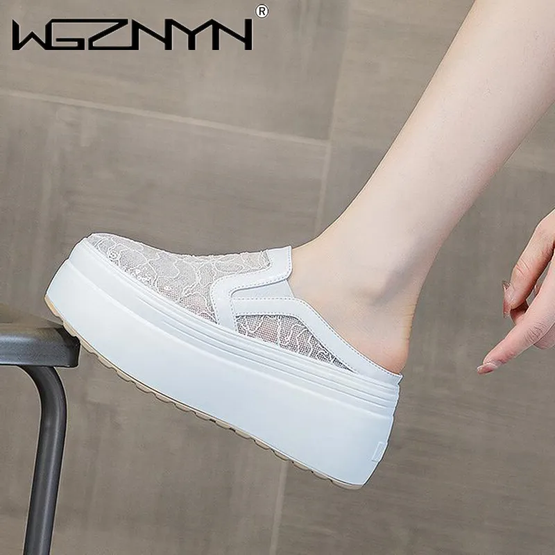 

Удобные шлепанцы на танкетке из натуральной кожи с воздушной сеткой 8 см, дышащие летние сандалии высокого бренда, повседневная обувь на танкетке на платформе