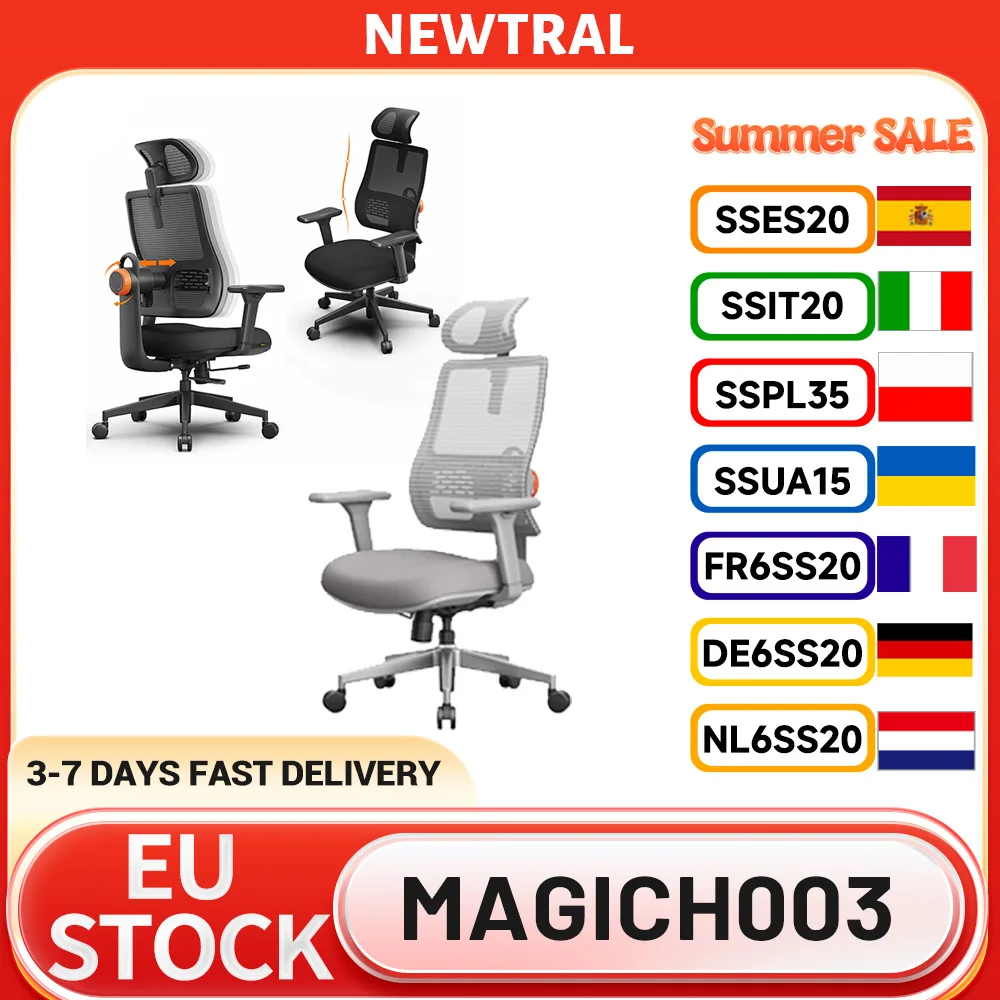 NEWTRAL MAGICH003 Chaise ergonomique, dossier à suivi automatique, appuie-tête réglable, profondeur de siège réglable, soutien lombaire adaptatif, 3D