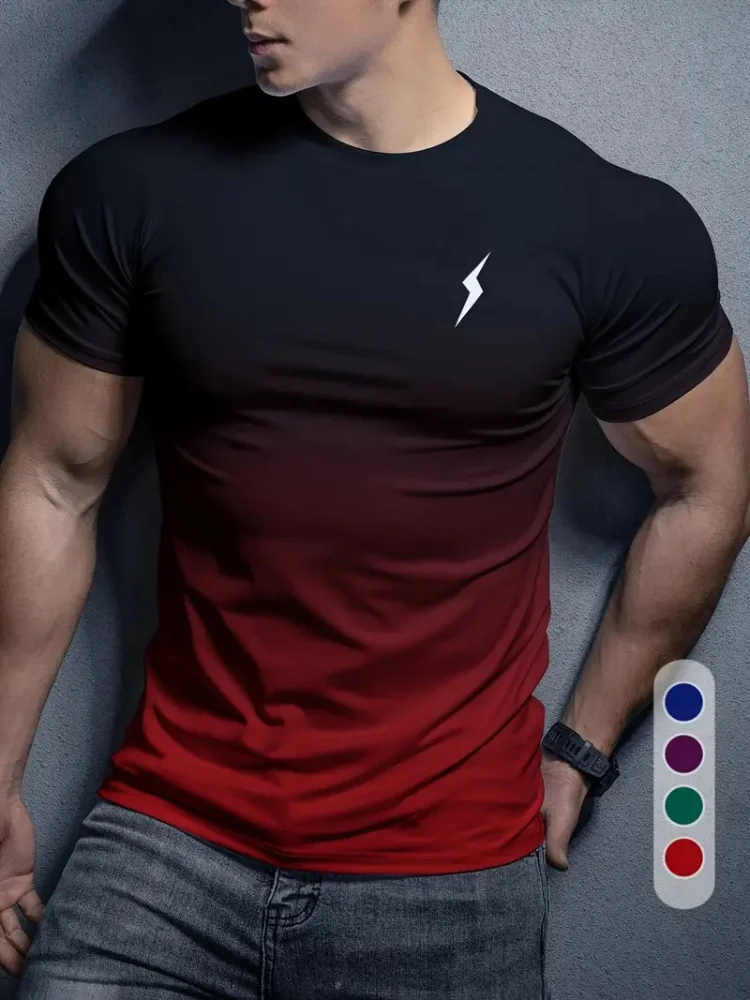 Gradient 3D Printed Men's Casual Short Sleeves Outdoor Sports Breathable Comfortable Men's Tops Rest All Match Sportswear