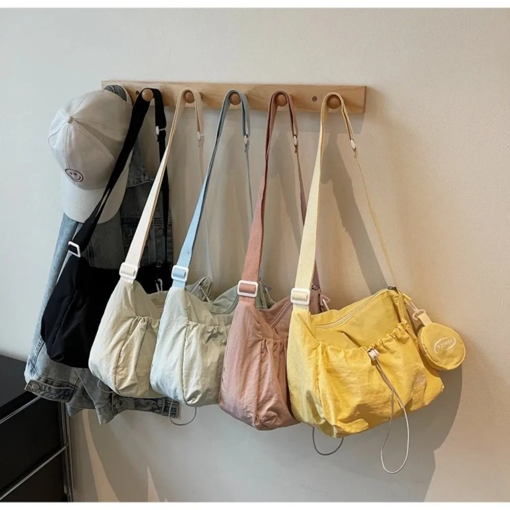 

New Nylon Canvas Tote Bag Drawstring Large Capacity Messenger Bag with Coin Bag Solid Color Shoulder Bag Women