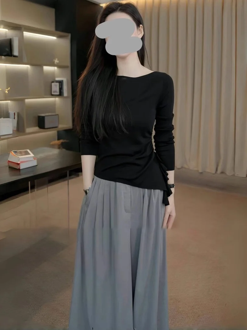 Top de punto rosa de manga larga con dobladillo lateral para mujer, top irregular plisado con abertura, estilo coreano, para ir al trabajo, ajuste ceñido, camiseta de moda.