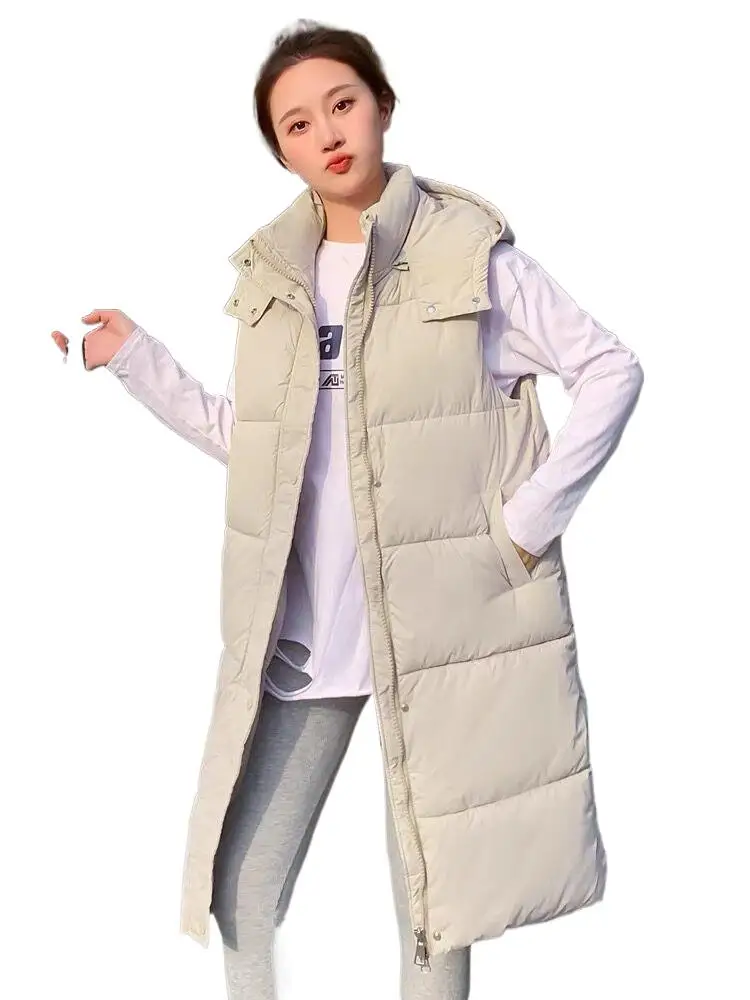 

Autumn Winter New Style Stand Collar Hooded Mid-Length Ultra Light Down Vest For Female Simplicity Solid Streetwear Waistcoats