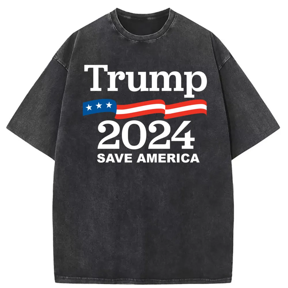 Trump 2024 Save America Printed T Shirt Summer Autumn Men's Tshirt Washed Youthful Vintage 2023 Newest Long Sleeve Sweatshirts