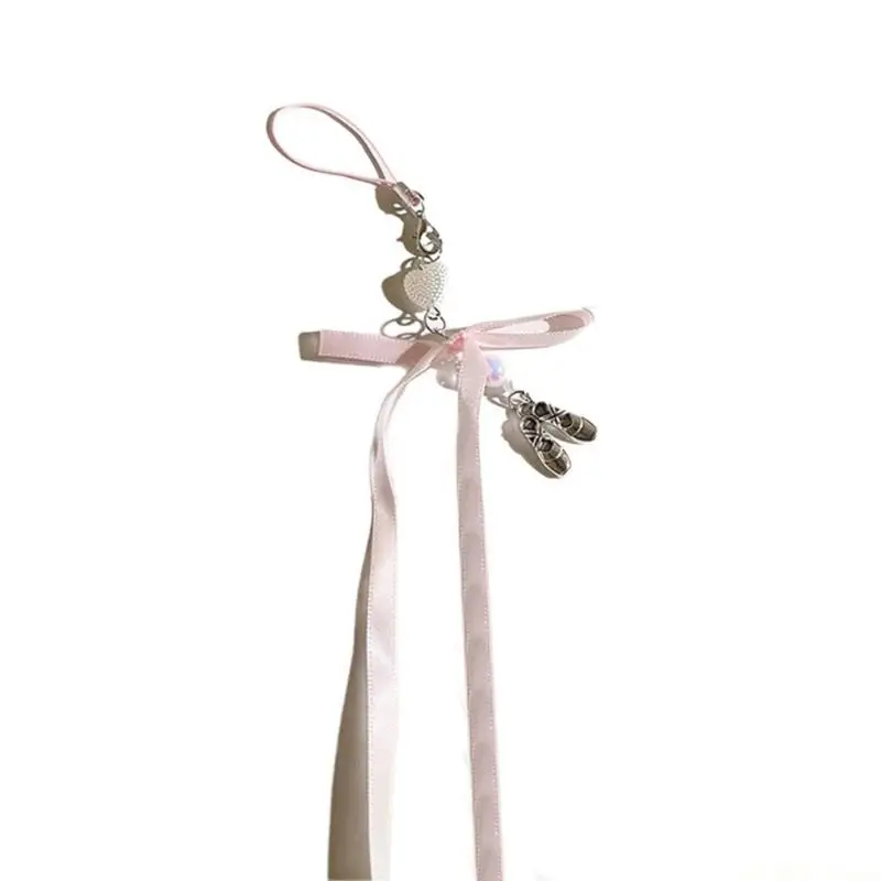 

D46E Silk Bowknot Phone Strap Chain Delicate Resin Ballet Shoe Anti-lost Lanyard