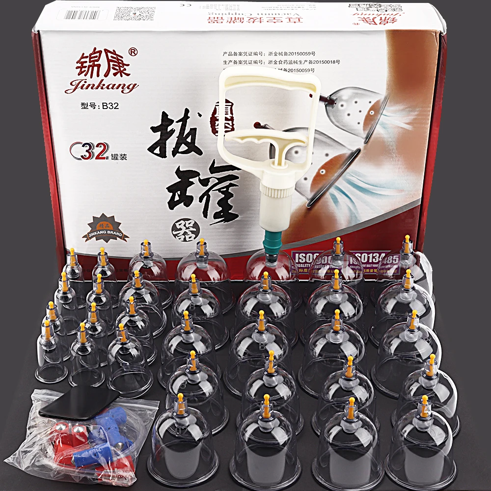 

32 Cans Chinese Vacuum Cupping Glasses Apparatus Massage Body Cups Anti-Cellulite Hijama Cupping Therapy Set Suction Cups