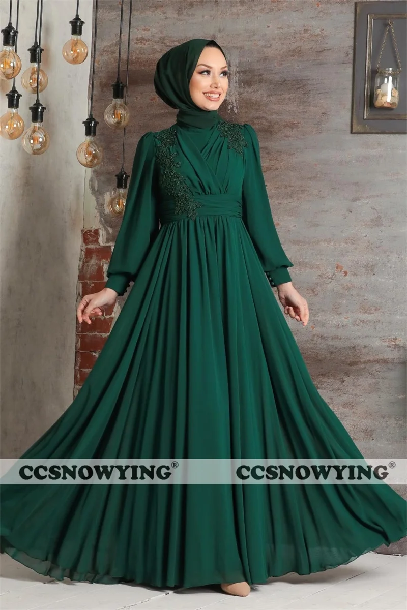 Muslim Long Sleeve Evening Dresses Chiffon Appliques High Neck Hijab Prom Formal Party Gown Islamic Kaftan Robes De Soirée