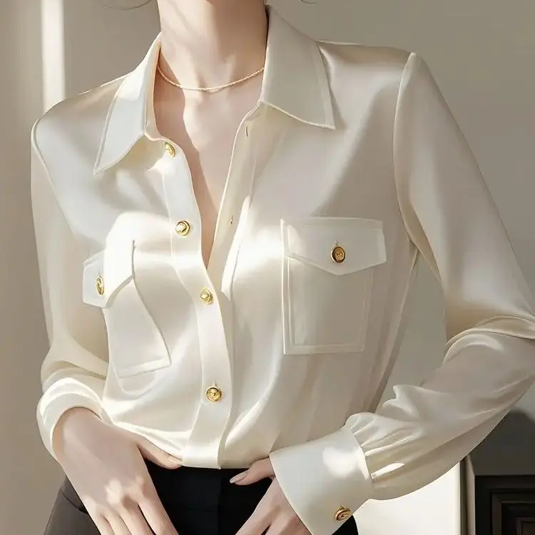 Polo Neck White Long Sleeve Elegant Blouse Spring Autumn New Solid All-match Temperament Shirt Tops Office Korean Women Clothing