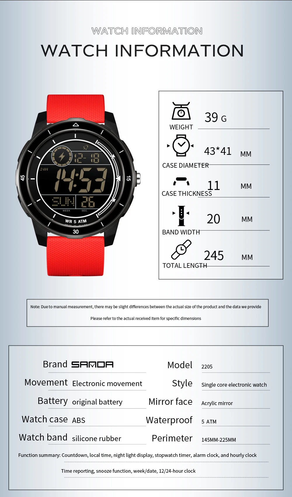 SANDA 2205 ساعة إلكترونية للرجال موضة رياضية متعددة الوظائف مقاومة للماء LED العد التنازلي ساعة إلكترونية فاخرة للطلاب