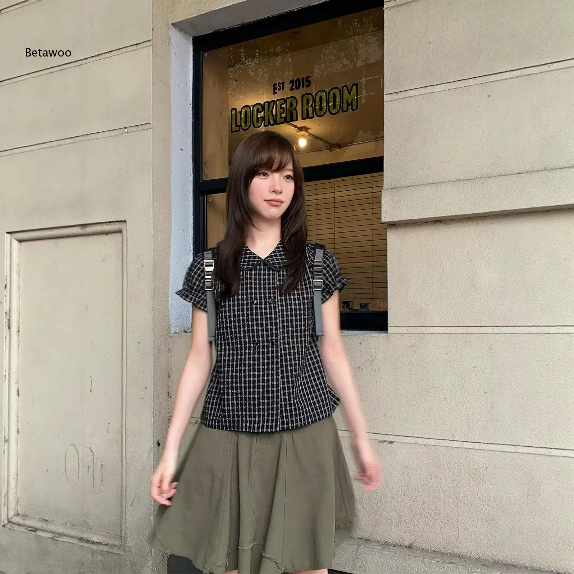 Women Peter Pan Collar Short Sleeve Blouse Double Breasted Ruffle Trim Sweet Top for Daily Casual Dating Occasions
