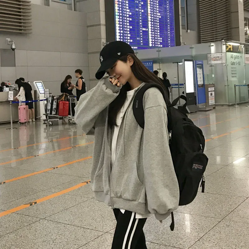 

Gray Zipper Hoodie Women's Loose Korean Style Spring Autumn New Student Casual Sports Top Coat Single Piece Brand