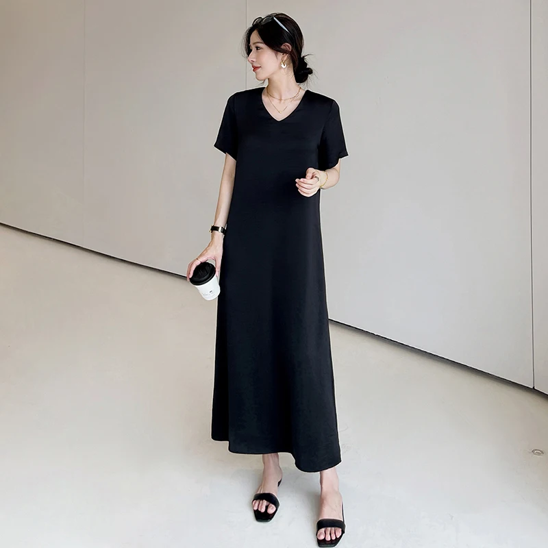 ใหม่ 2025 ฤดูร้อนหลวมผู้หญิง PLUS ขนาดซาตินสีดํา V คอ Lady Vestidos แขนสั้นหญิงเสื้อยืดชุด Robe KE6655