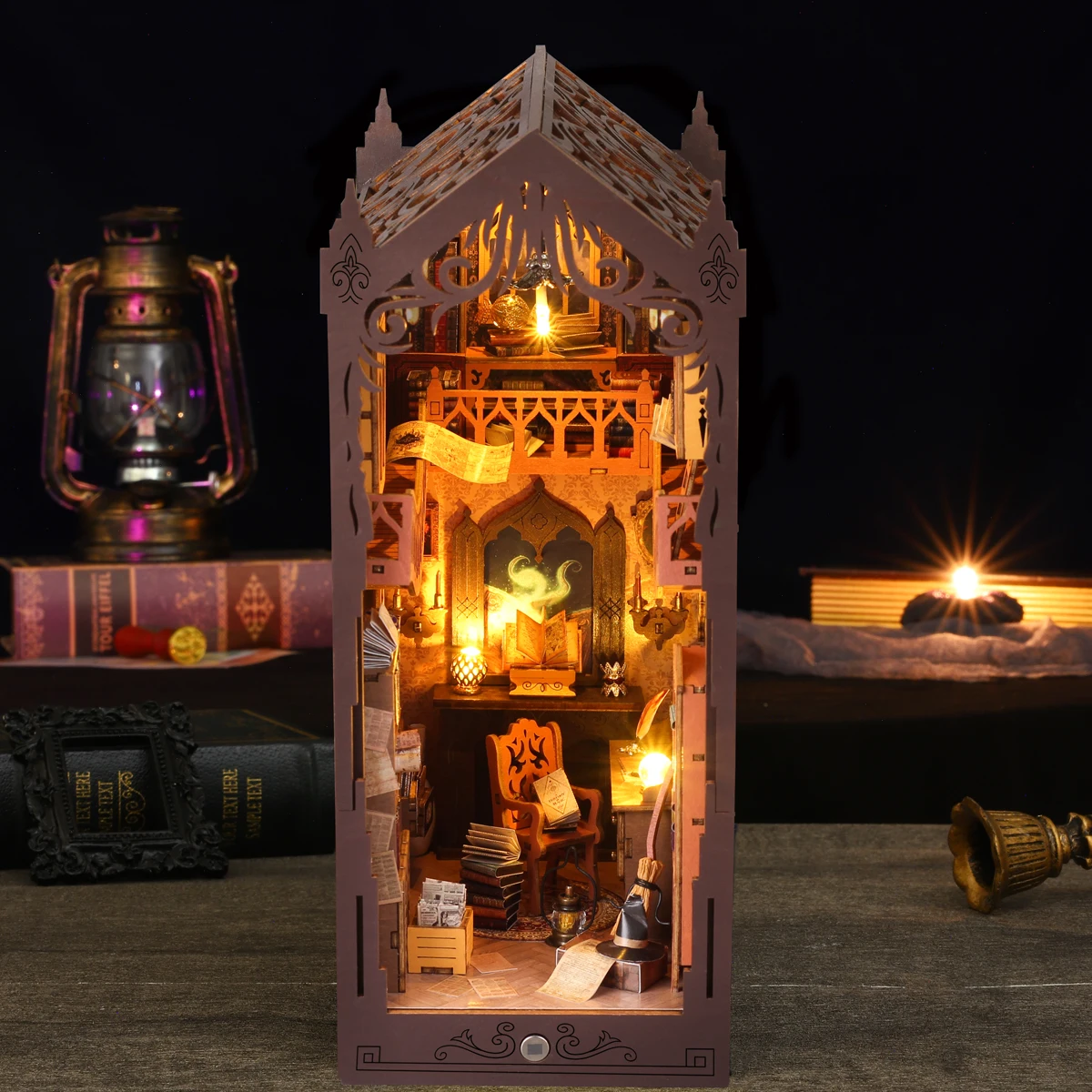 Magic Book Stand Bookshelf Set Miniature Assembly Model Building Dollhouse DIY Handmade Toy Set, Home Bedroom Decoration with Fu