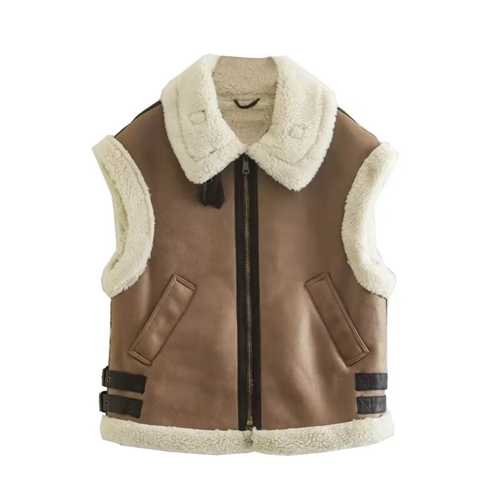 

Autumn New Product Women's Casual Retro Loose Collar Sleeveless Splicing Thick Fleece Vest Coat