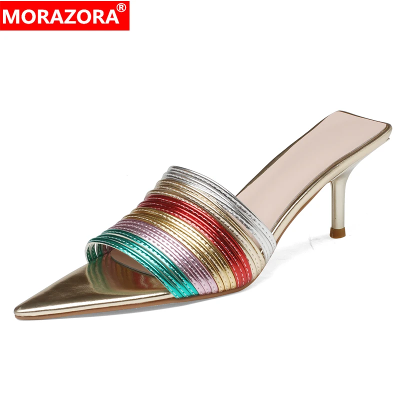 

MORAZORA New Mixed Colors Women Slippers Pointed Peep Toe Stiletto High Heels Mules Ladies Party Prom Shoes Summer Footwear