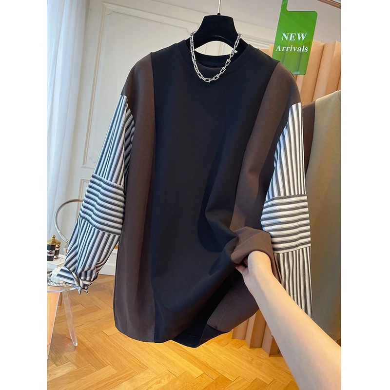 2023 Women Striped Patchwork Oversize Streetwear Sweatshirts Female Autumn and Winter Trend Y2K O Neck Long Sleeve Pullover Tops