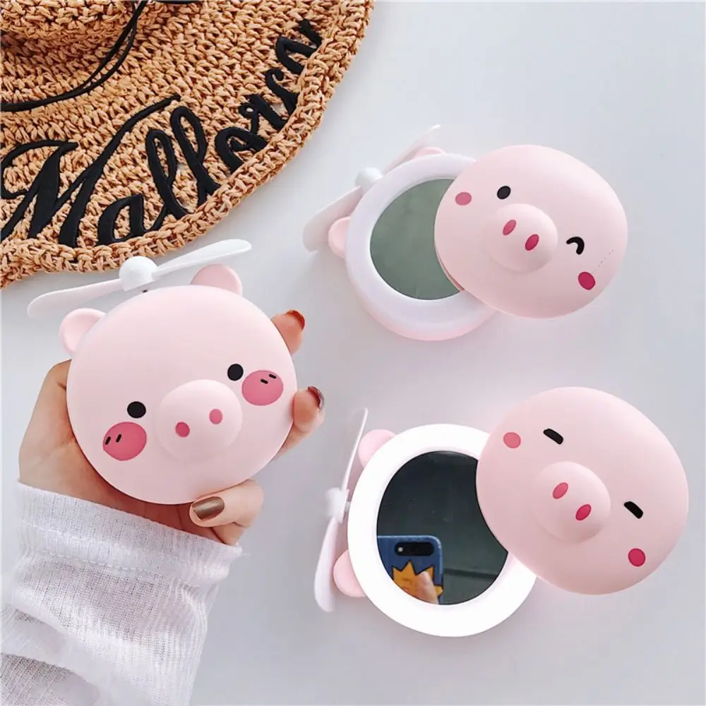 Handheld Cartoon Makeup Mirror with Fan Creative Round Pink Piggy Fan Portable Mini Led Cosmetic Mirror Outdoor