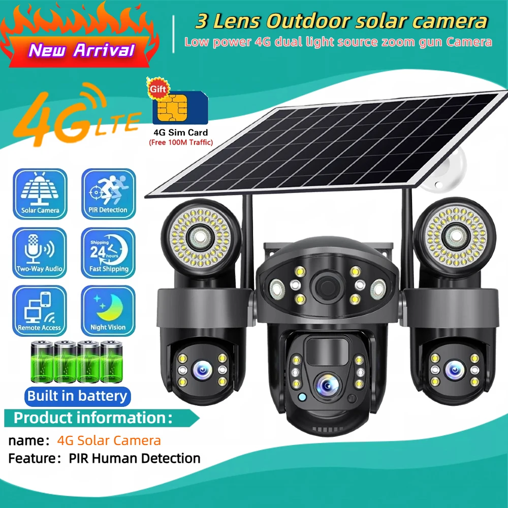 

Уличная 4G IP-камера V380 12 МП на солнечной батарее с 3 объективами, 3 экранами, PIR-датчиком движения, ночным видением и функцией видеонаблюдения для безопасности