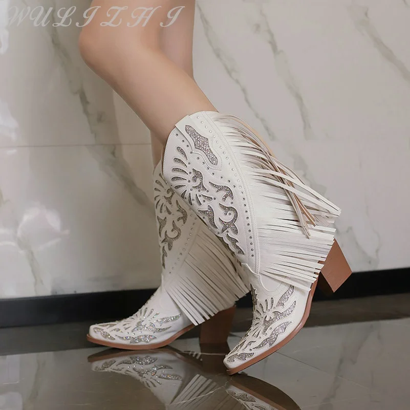 

Women's Sweet Mid Calf Boots Fringe Sequins Retro Western Cowboy Booties Luxury Chunky Heel Slip On Handmade Women Shoes Winter