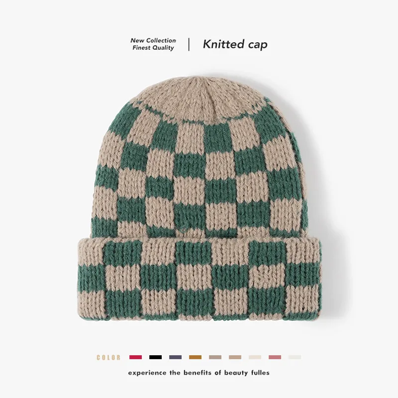 Checkerboard Knit Hat Autumn and Winter Korean Style Niche Large Head Circumference Wool Hat Japanese Style Christmas Hat