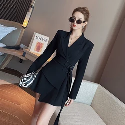 Fake Two-piece Women Blazer Lace Up Suit Jacket Women New Waistband Dress Long Sleeved Suit 2024 Korean Fashion Women Clothing