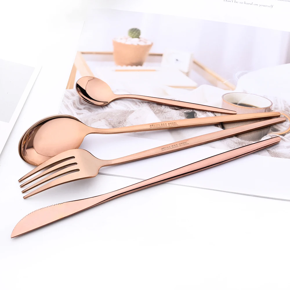 Drmfiy 24Pcs Rose Gold Dinnerware Stainless Steel Cutlery Set Western Flatware Set Knife Fork Tea Spoon Kitchen Tablewaret Set