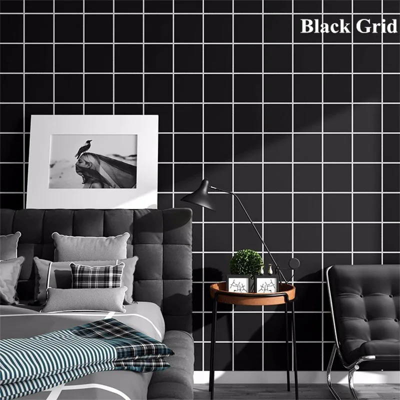 Adhesive Paper for Wall Sticker Wallpaper Black Grid Decorative Walls Paper Kitchen Refurbish Waterproof and Moisture-proof 40cm