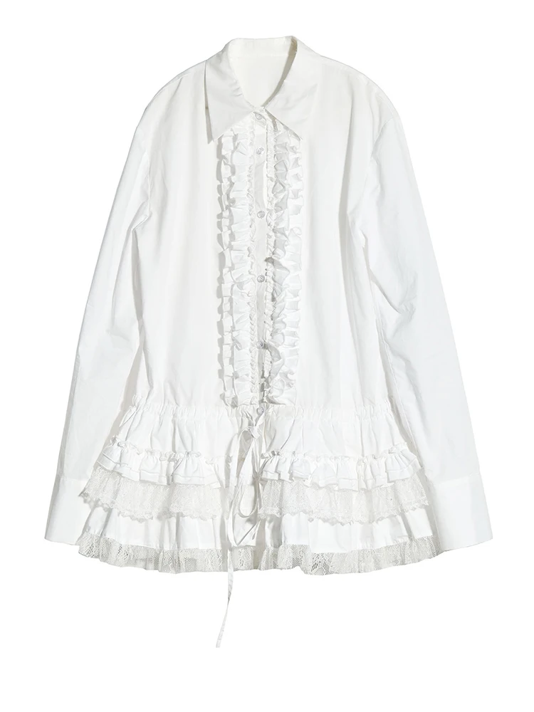 [Vibe] Women White Lace Ruffles Big Size Elegant Blouse New Lapel Long Sleeve Shirt Fashion Tide Spring Autumn 2025