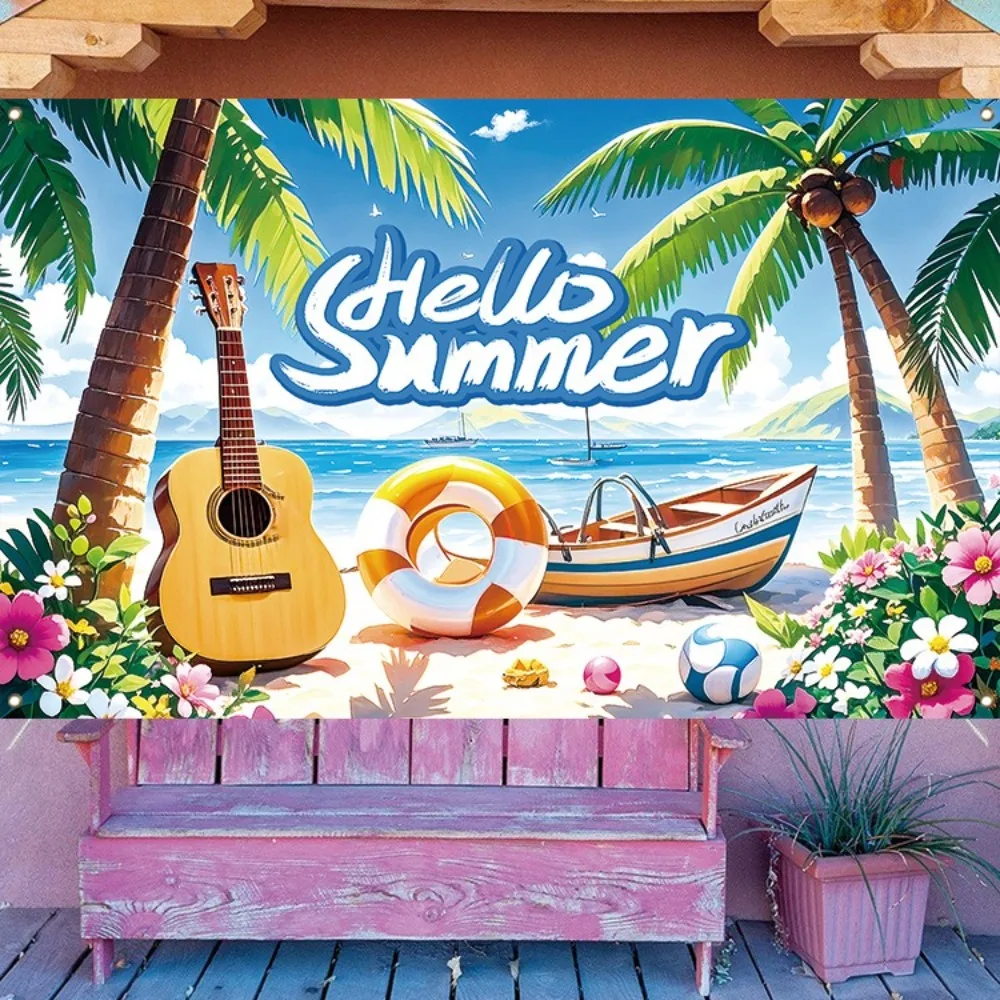 

Tropical Theme Hello Summer Beach Backdrop Coconut Tree Lifebuoy Hawaiian Photography Background Flower Boat Vibrant Colors