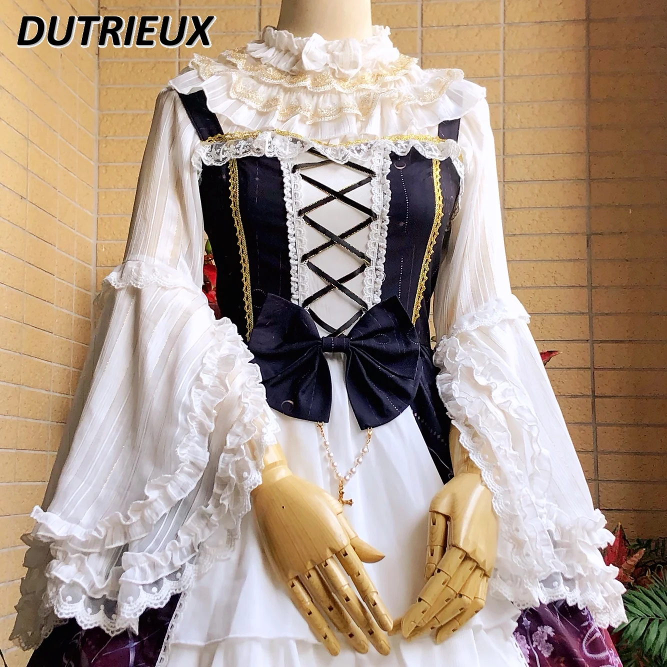 Lolita-Chemisier original doux et mignon pour fille, haut intérieur à col ras du cou, Phnom Penh, rayé, corne, manches longues, chemise en mousseline de soie couvertes