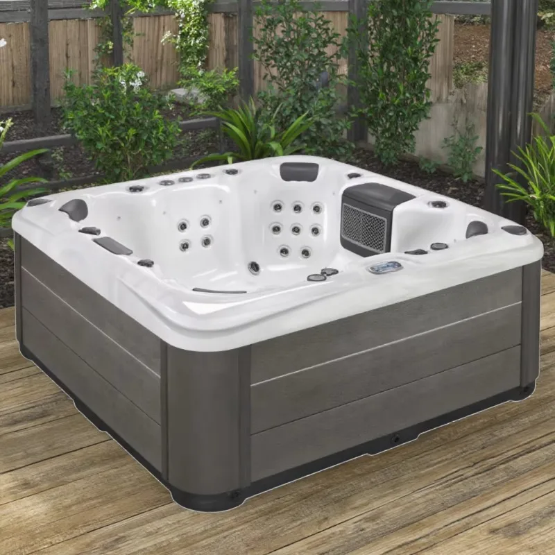 Luxury 7-seat Portable Freestanding Rectangular Acrylic Hot Tub with 70 Nozzles, LED Lighting, and Spa Massage Function.
