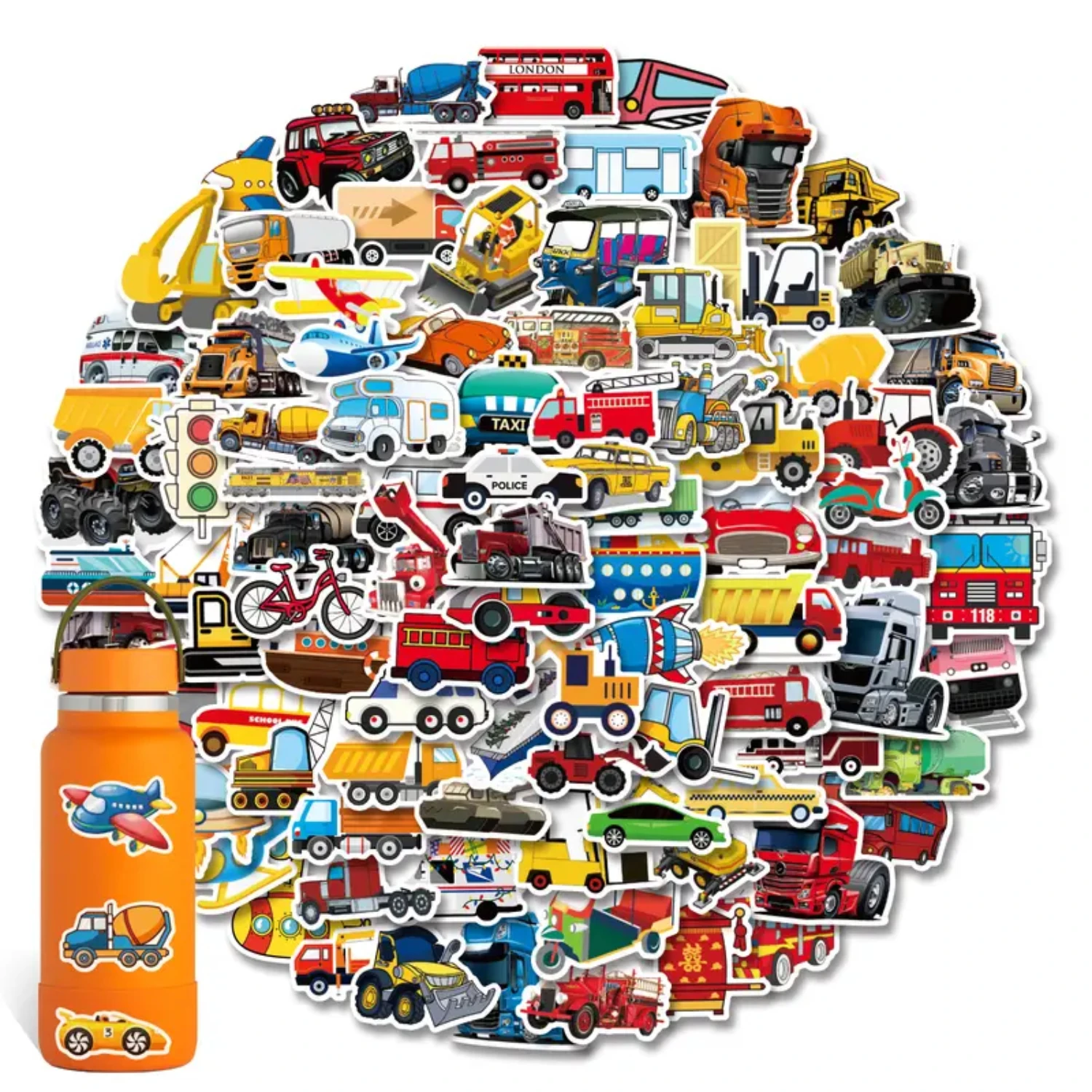 

100 PCS Transportation Vehicle Truck Laptop Stickers For Kids Boys Party Favors And Supplies (Construction Truck Airplane Train