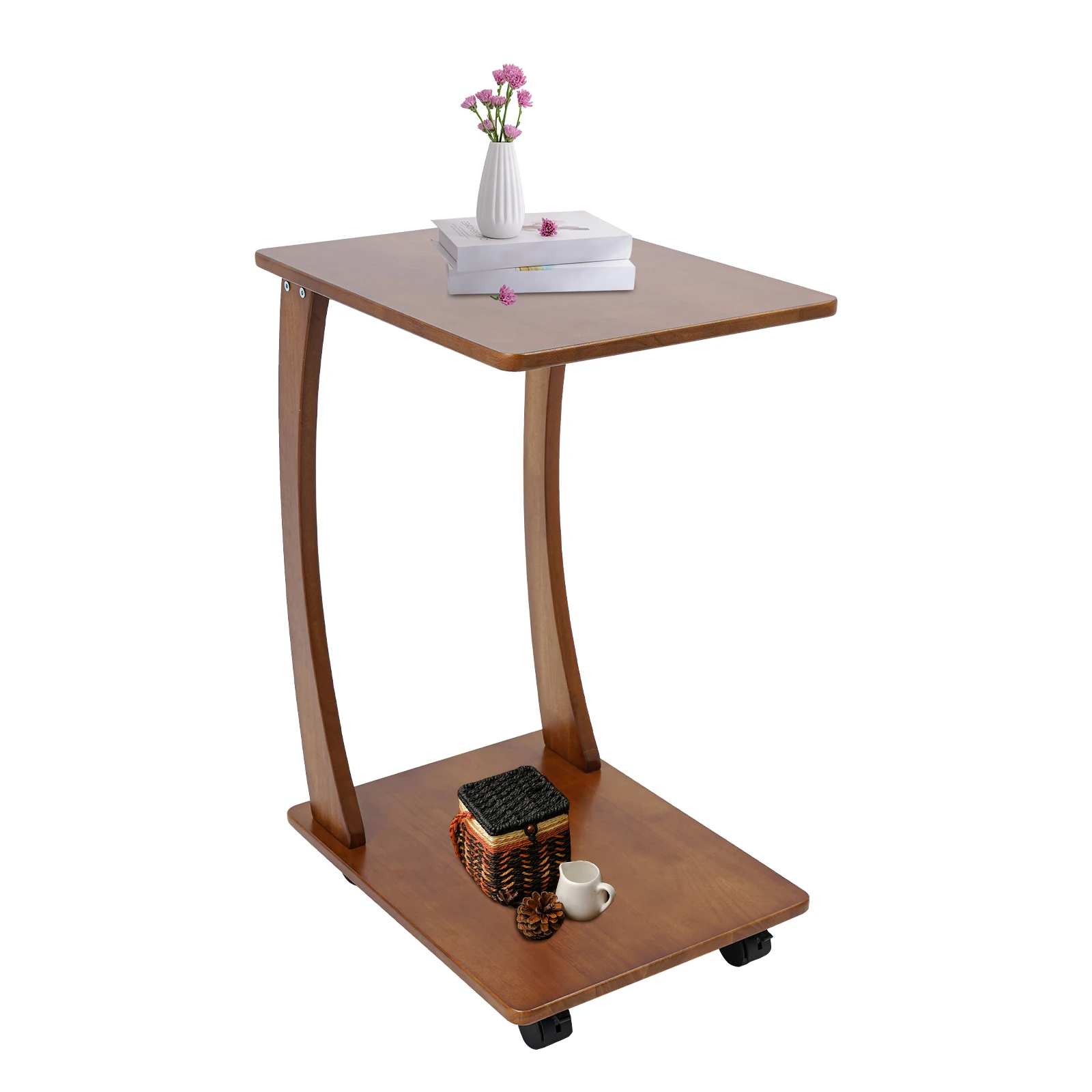 C-Shaped End Table, 2-Tier Wood Side Table With 4 Swivel Wheels 2 Brakes, Light Walnut/Cherry Wood Color Mobile Snack Table For Living Room Bedroom Home Office