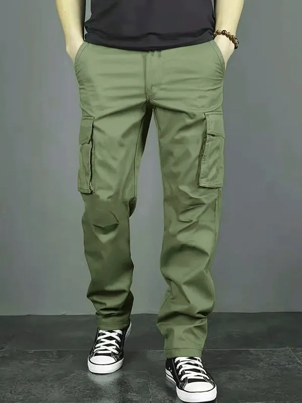 Calça de trabalho casual masculina com vários bolsos, ajuste solto e cintura com cordão, adequada para caminhadas, pesca e exploração ao ar livre